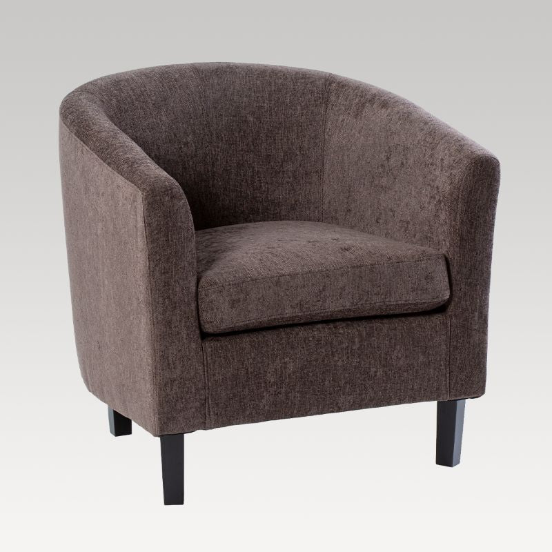 Chocolate fabric tub chair, stylish and durable, ideal for small spaces and modern decor. Perfect for lounging or reception areas.