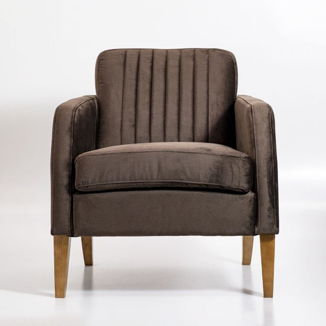 Chocolate upholstered Batten Chair with Finland Wood frame, designed for comfort and style in home or commercial spaces.