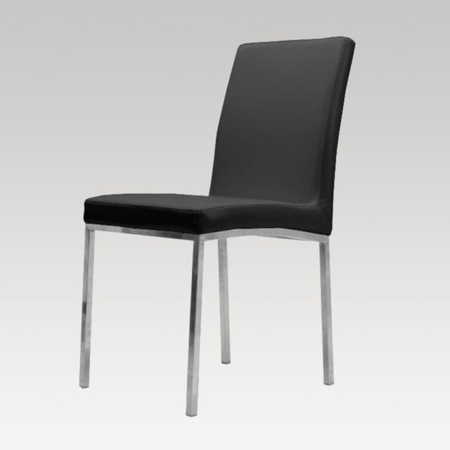 Sleek black dining chair with plush foam seat and webbed backrest, designed for modern homes and ergonomic comfort.