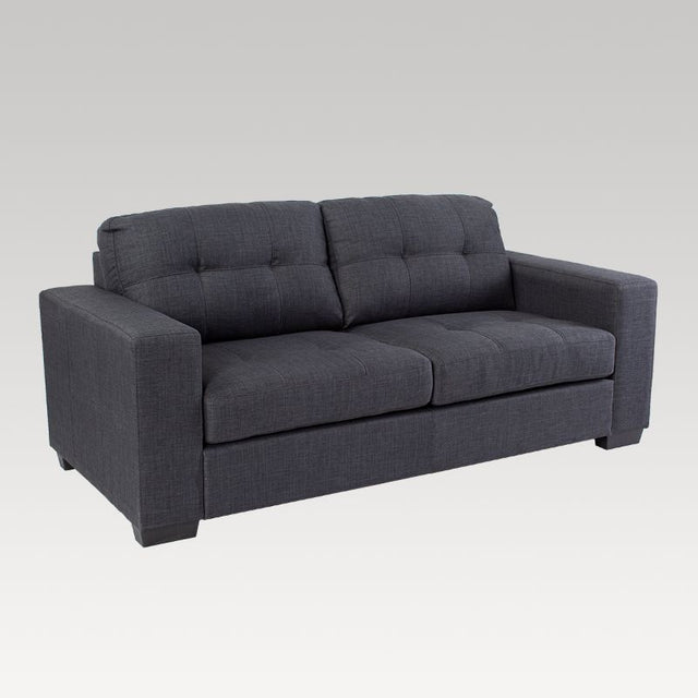 Stylish Jeri 2 Seater Fabric Sofa in black with durable PU upholstery and high-density foam cushions for comfort.