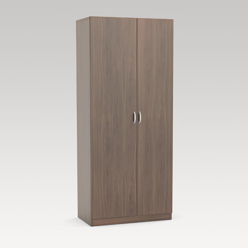 Dark Oak Bristol Wardrobe featuring adjustable shelves, coat hanging area, and durable brushed aluminum handles for stylish storage.