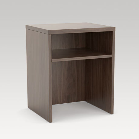 Dark oak bedside table with adjustable shelves and sleek, contemporary design, perfect for modern bedroom decor.