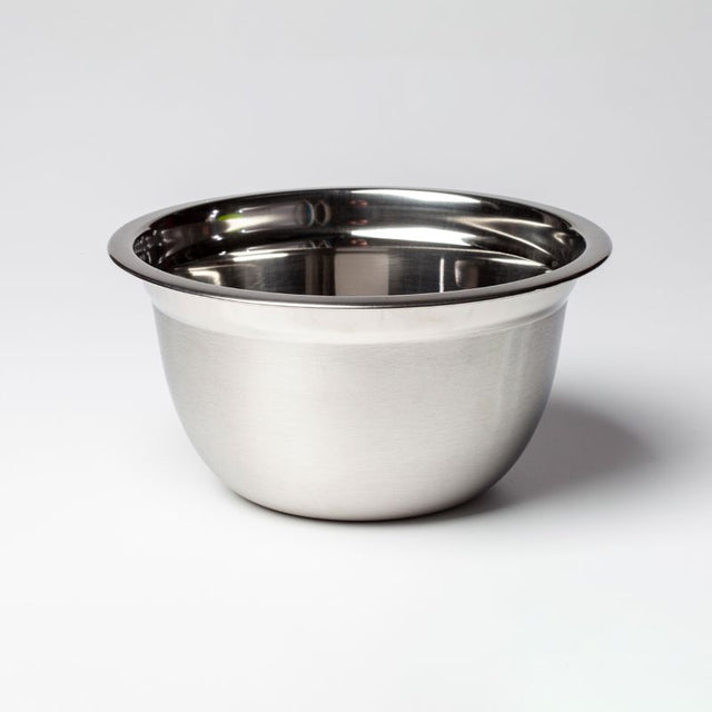 Stainless steel Cutler Mixing Bowl, 11cm high and 23.6cm wide, ideal for mixing, soaking, and easy sterilization.