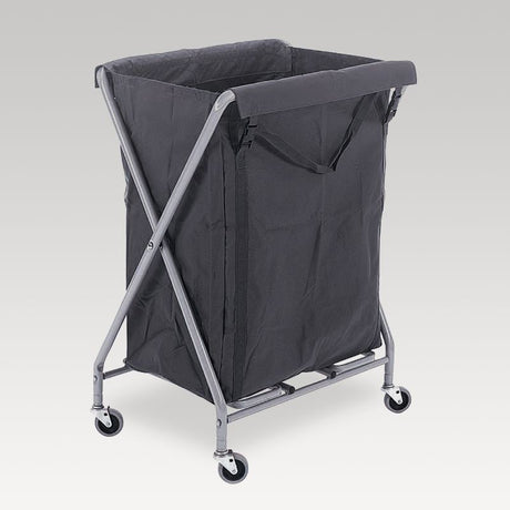 Heavy-duty 200L laundry trolley with removable bag, drag handles, and castor wheels for easy transport and storage.