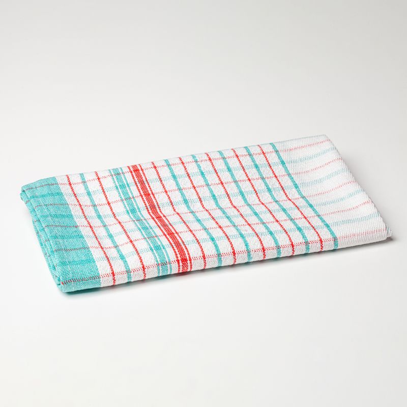 Large red and green tea towel, 46x76cm, durable and absorbent, perfect for kitchens and catering use.