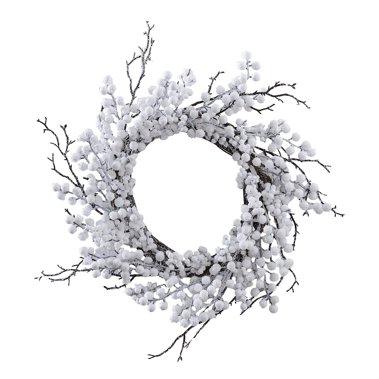 Snowy white Christmas wreath decorated with berries, measuring 45cm, perfect for festive front door decor.