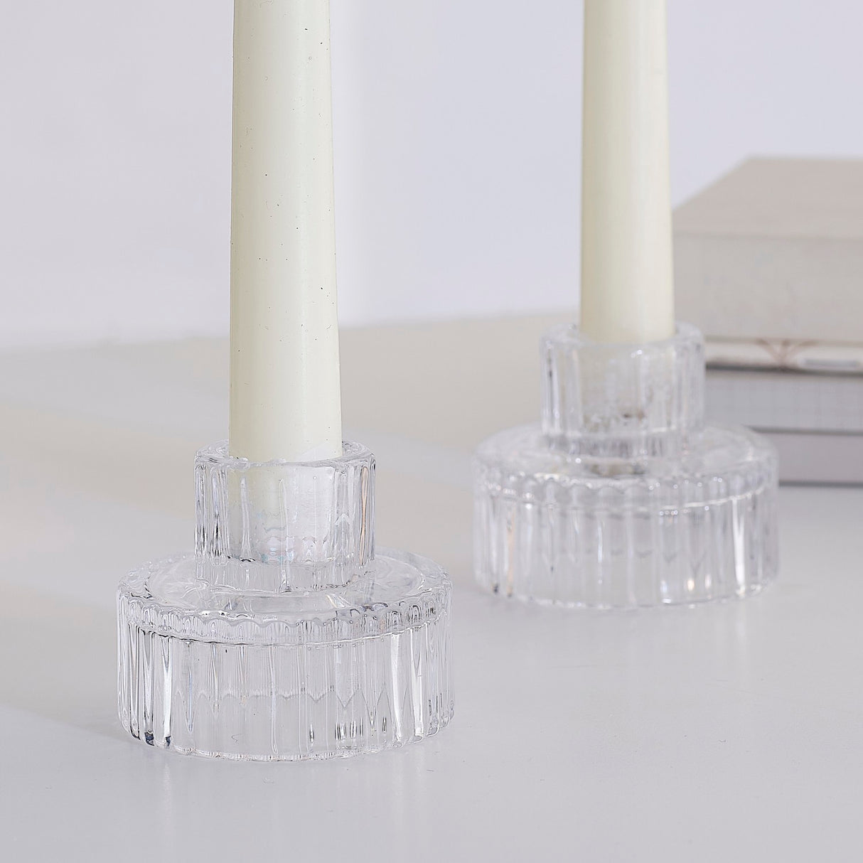 Elegant ribbed glass candle holders for a luxurious holiday ambiance, measuring 6.5cm high and eco-friendly.