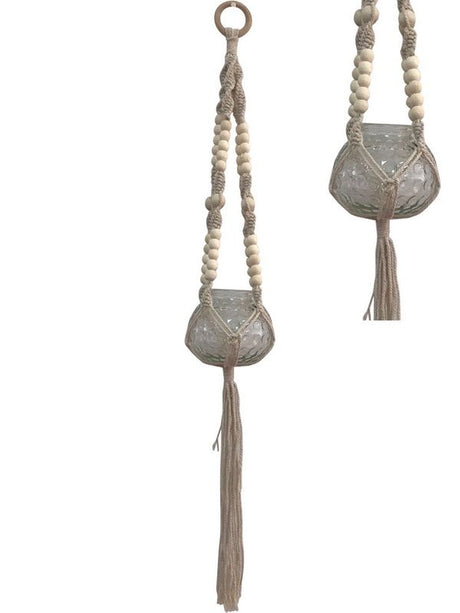 Macrame glass pots with bead accents, 67cm tall, perfect for hanging plants or decor, set of 4 for stylish indoor/outdoor use.