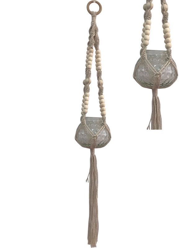 Macrame glass pots with bead accents, 67cm tall, perfect for hanging plants or decor, set of 4 for stylish indoor/outdoor use.