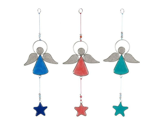 Set of 6 assorted angel suncatchers with stars, designed to reflect sunlight and add vibrant charm to any space.