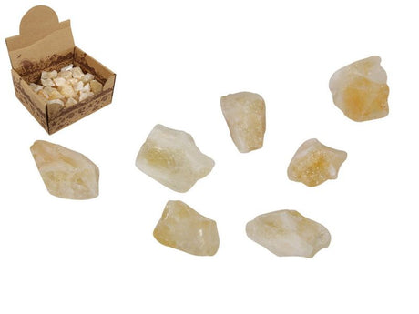 Box of 50 natural 4cm citrine crystals, ideal for cleansing spaces and promoting positivity, abundance, and clarity.