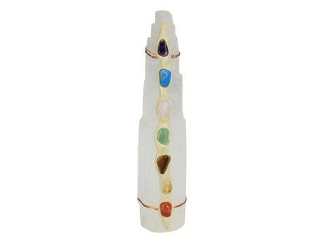 Selenite Tower (25cm) for chakra healing, featuring a translucent glow, perfect for decor and spiritual wellness.