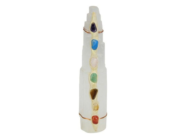 Selenite Tower (25cm) for chakra healing, featuring a translucent glow, perfect for decor and spiritual wellness.