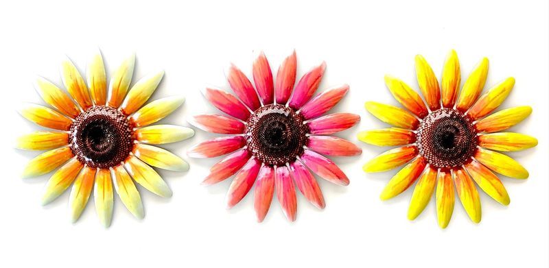 Colorful set of 6 metal flower wall art pieces, each 28cm, perfect for enhancing home decor with nature-inspired elegance.