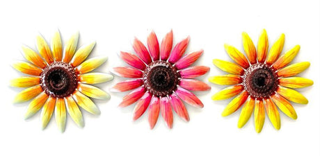 Colorful set of 6 metal flower wall art pieces, each 28cm, perfect for enhancing home decor with nature-inspired elegance.