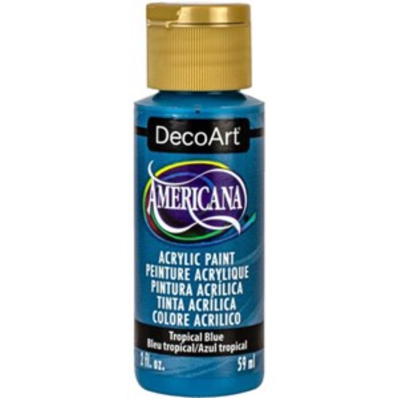 Vibrant Americana Acrylics 2oz Tropical Blue paint, perfect for various surfaces, offers superior coverage and a durable matte finish.