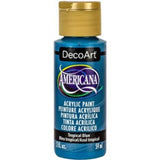 Vibrant Americana Acrylics 2oz Tropical Blue paint, perfect for various surfaces, offers superior coverage and a durable matte finish.