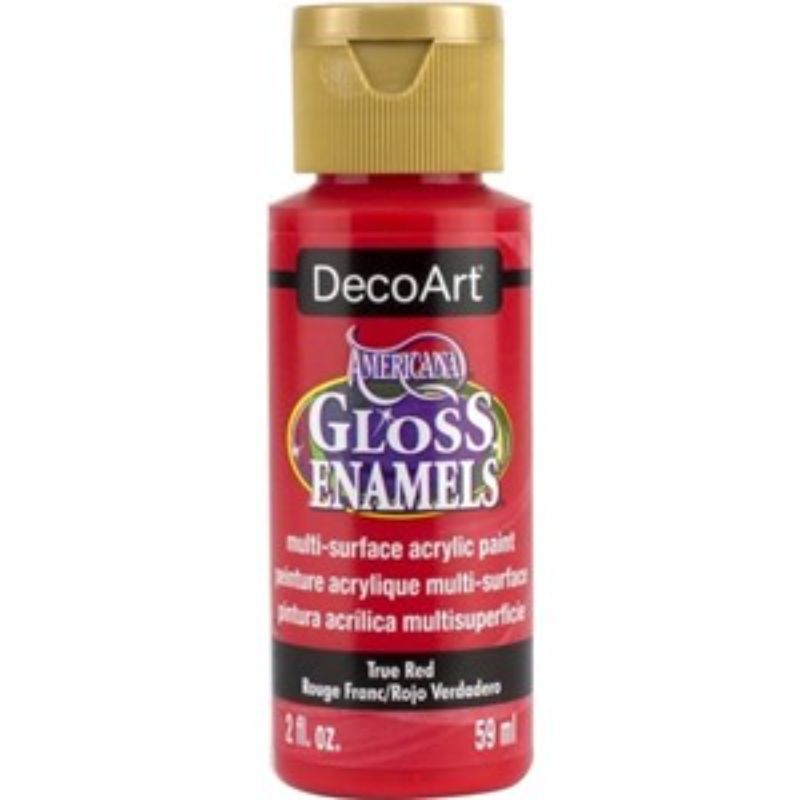 Americana Gloss Enamel 2oz True Red: vibrant multi-surface acrylic paint for crafts, providing a glossy finish and easy cleanup.