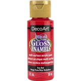 Americana Gloss Enamel 2oz True Red: vibrant multi-surface acrylic paint for crafts, providing a glossy finish and easy cleanup.