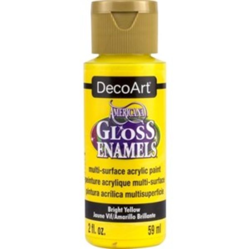 Bright yellow Americana Gloss Enamel paint in a 2oz bottle, ideal for crafting on various surfaces with a smooth finish.