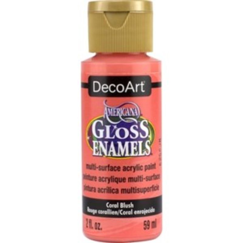 Americana Gloss Enamel 2oz in Coral Blush, a versatile and vibrant acrylic paint for various surfaces and crafts.