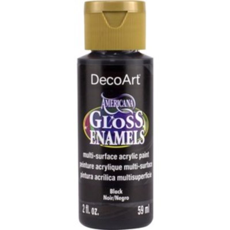 Americana Gloss Enamel 2oz in Ebony Black, a versatile, water-based acrylic paint for various surfaces and easy clean-up.