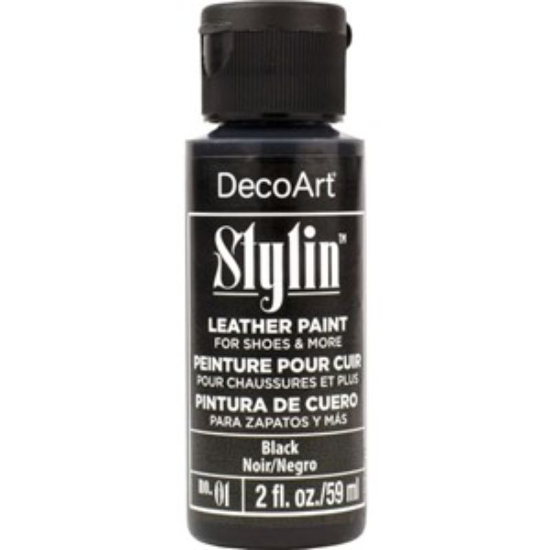 Decoart Stylin 2oz Black fabric paint, perfect for refreshing surfaces like leather and canvas with a flexible, durable finish.