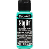 DecoArt Stylin 2oz Aqua acrylic paint, ideal for rejuvenating leather, canvas, and more with flexible, durable finishes.