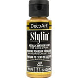 DecoArt Stylin 2oz Gold acrylic paint for leather, canvas, and more, offering durable, flexible coverage with intermixable colors.