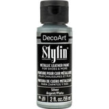 DecoArt Stylin 2oz Silver: multi-surface acrylic paint ideal for leather and canvas, flexible, durable, and intermixable for custom colors.