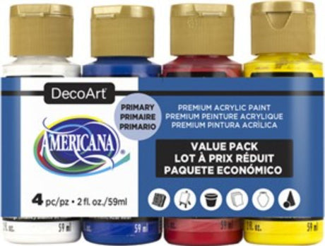 Vibrant Decoart 4-Pack of Americana Primary Acrylic Paints in Red, Blue, Yellow, and Black for diverse DIY projects.