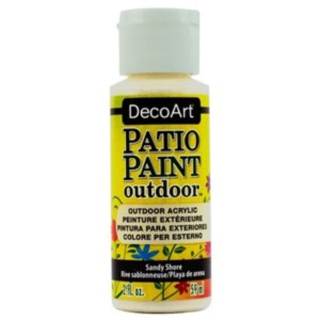 2oz bottle of Sandy Shore Patio Paint, ideal for furniture and decor with a coastal hue, suitable for wood and metal surfaces.