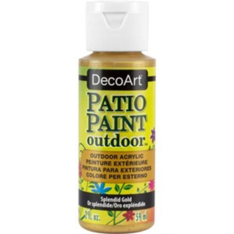 Vibrant 2oz Splendid Gold metallic paint for outdoor decor, ideal for furniture and DIY projects with a stunning sheen.