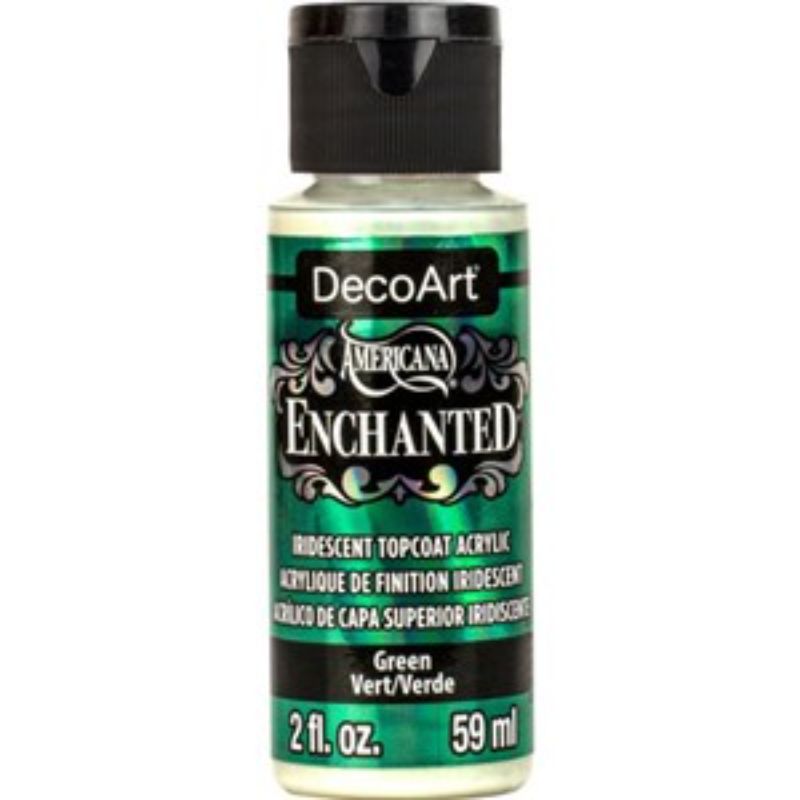 Decoart Enchanted 2oz Green, a color-shifting acrylic paint that transforms art with dazzling, magical hues.