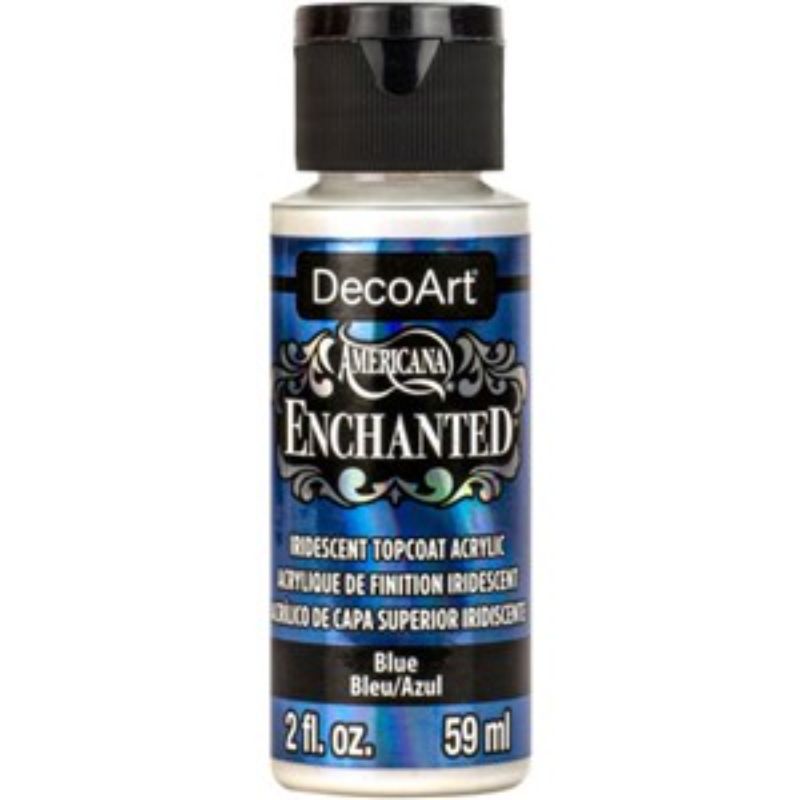 Decoart Enchanted 2oz Blue paint bottle showcasing color-shifting effects, ideal for creative projects and crafts.