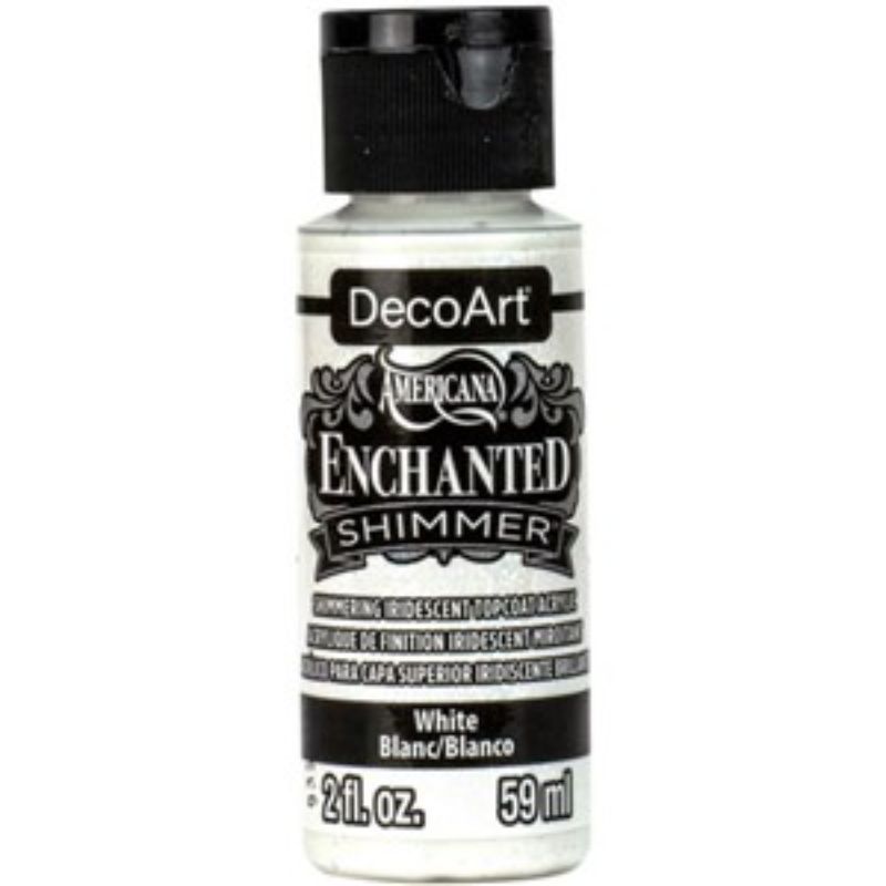 White Americana Ench Shimmer paint in a 2oz bottle adds iridescent elegance to various crafts and art projects.