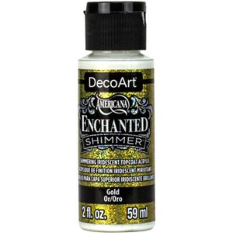 Americana Enchanted Shimmer 2oz Gold: A shimmering gold paint with luminous particles for elegant, iridescent finishes in crafts.