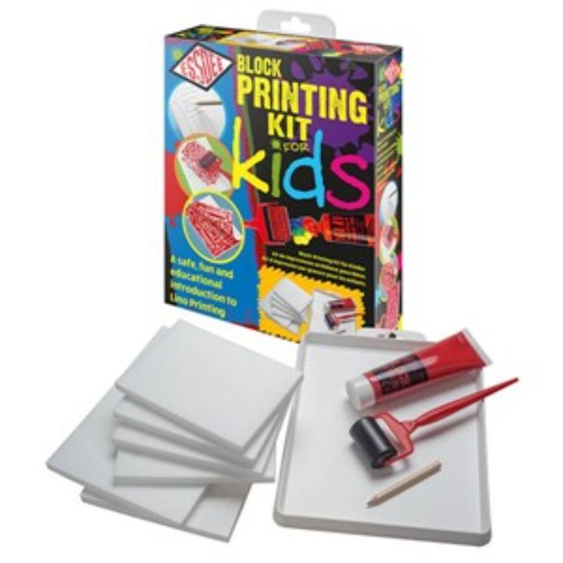 Essdee Blockprinting Kit for Kids featuring PrintFoam sheets, ink roller, and instructions for safe, creative block printing.