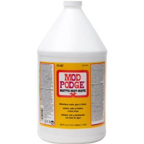 Mod Podge Matte Gallon, a versatile craft glue and sealer for decoupage, dries clear for a smooth matte finish on various materials.