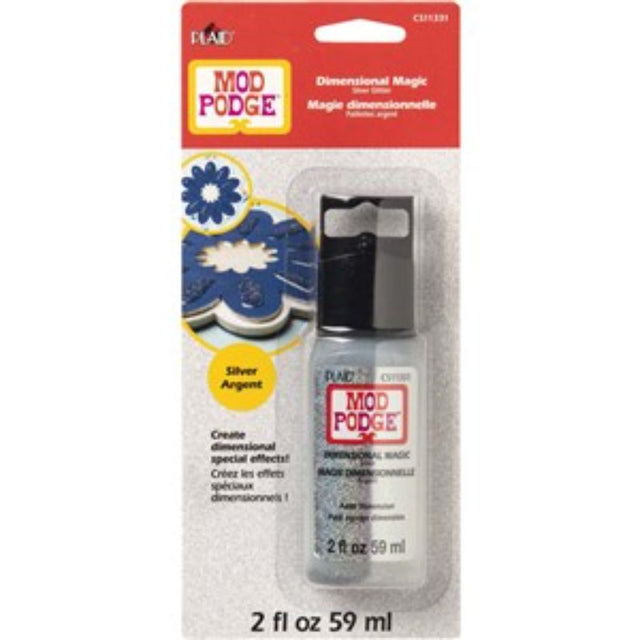 M/Podge Dimensional Magic Glitter Silver 2oz bottle, adding shimmering dimension and texture to crafts like jewelry and scrapbooking.