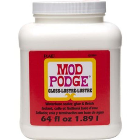 Mod Podge Gloss 64 Oz bottle, a versatile glue and sealer for crafting with a high-gloss finish for various materials.