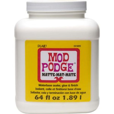 Image of Mod Podge Matte 64 Oz bottle, a versatile all-in-one glue, sealer, and finish for crafting projects.