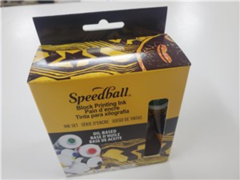 Speedball O/B Block Printing Starter Set featuring 6 waterproof oil-based inks in vibrant colors for versatile art projects.