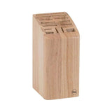 Elegant Hevea wood knife block holds up to 12 knives, a cleaver, and scissors; stylish kitchen organization solution.