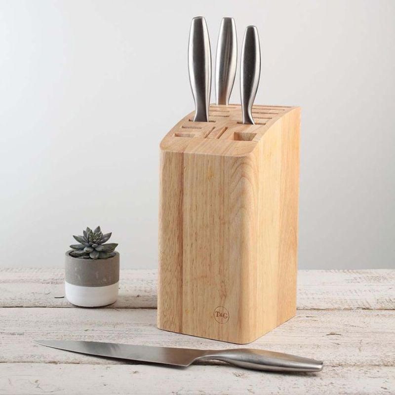 Hevea wood knife block, 26.5cm, holds 12 knives, cleaver, and scissors; stylish and functional kitchen organizer.