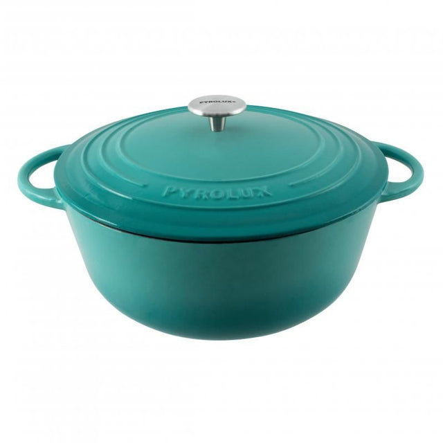 Elegant aquamarine 26cm Pyrolux Pyrochef Round French Oven, 5L, featuring lightweight cast iron and smooth enameled surface.