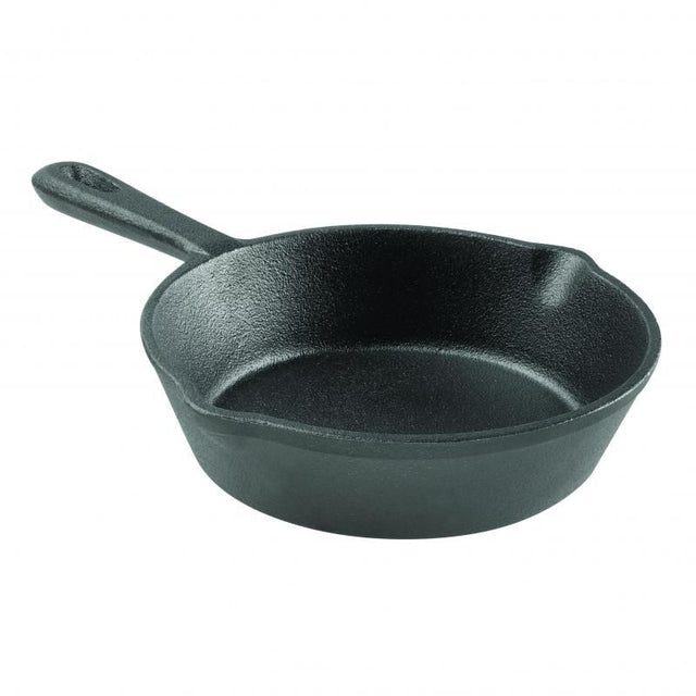 Compact 15.5cm Pyrolux Pyrocast Skillet, pre-seasoned cast iron with pouring spouts, ideal for searing and outdoor cooking.