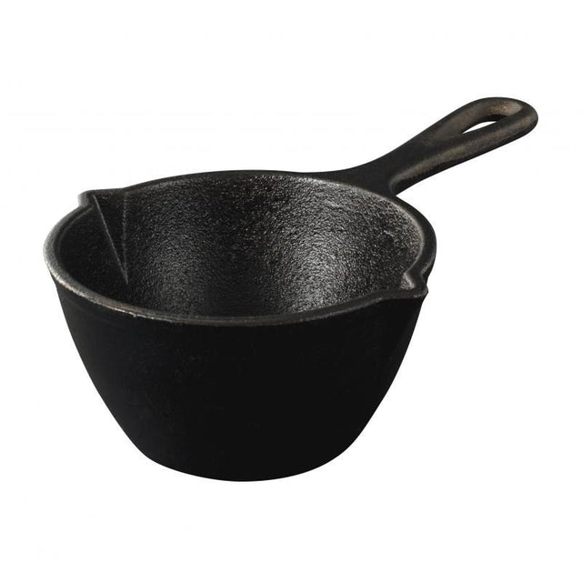 Elegant 12cm cast iron sauce pot with heat retention, perfect for sauces, stocks, and stylish serving from oven to table.