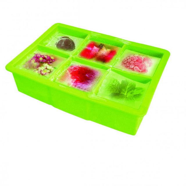 Vin Bouquet Silicone Square Ice Tray producing six large, slow-melting ice cubes for enhanced beverage enjoyment and infusion.