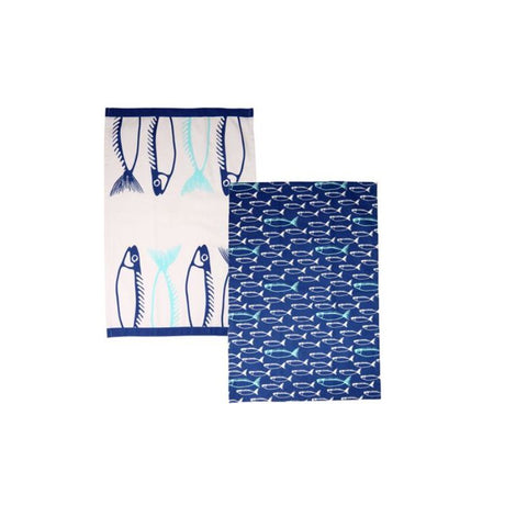 Set of 2 marine blue tea towels featuring whimsical fish prints, crafted from 100% cotton for kitchen use.